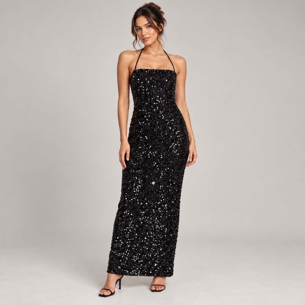 Black Sequin Halter Maxi Dress Small Black Holiday Backless Slit Glam Party Y2K